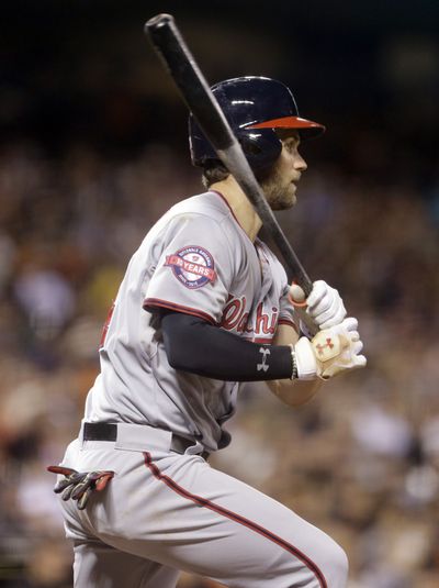 Washington Nationals' Bryce Harper leads the National League with a .333 batting average. The 22-year-old also has connected on 32 home runs and picked up 80 RBIs through Friday. (Associated Press)