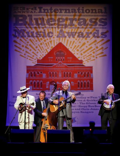 Del McCoury, center; Bobby Osborne, left; and J. D. Crowe, right; perform at the International Bluegrass Music Association Awards show on Thursday, Sept. 27, 2012, in Nashville, Tenn. Influential Bluegrass musician J.D. Crowe died early Friday, Dec. 24, 2021 his family announced on social media. The Lexington, Kentucky, native was 84. No cause of death was given.  (Mark Humphrey)