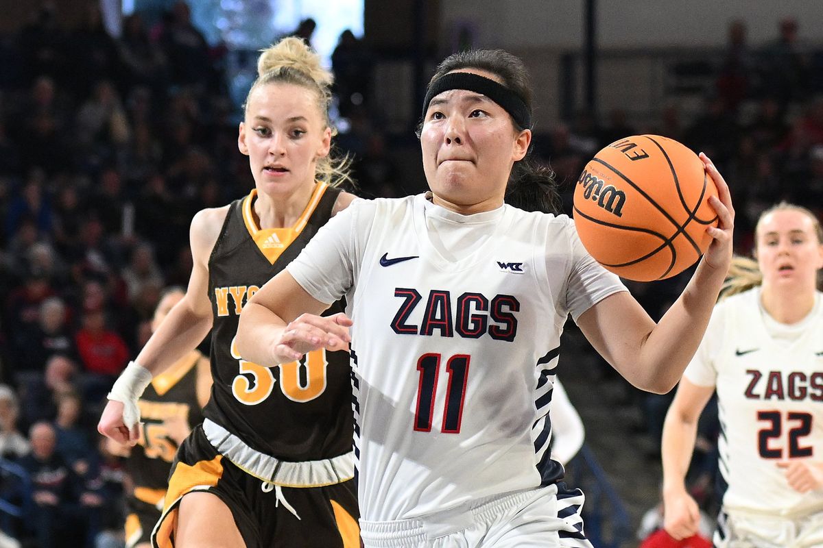 Gonzaga guard Kayleigh Truong goes up for a shot on a fast break against Wyoming on Saturday during a nonconference game at McCarthey Athletic Center. Truong led the Zags with 18 points.  (James Snook)