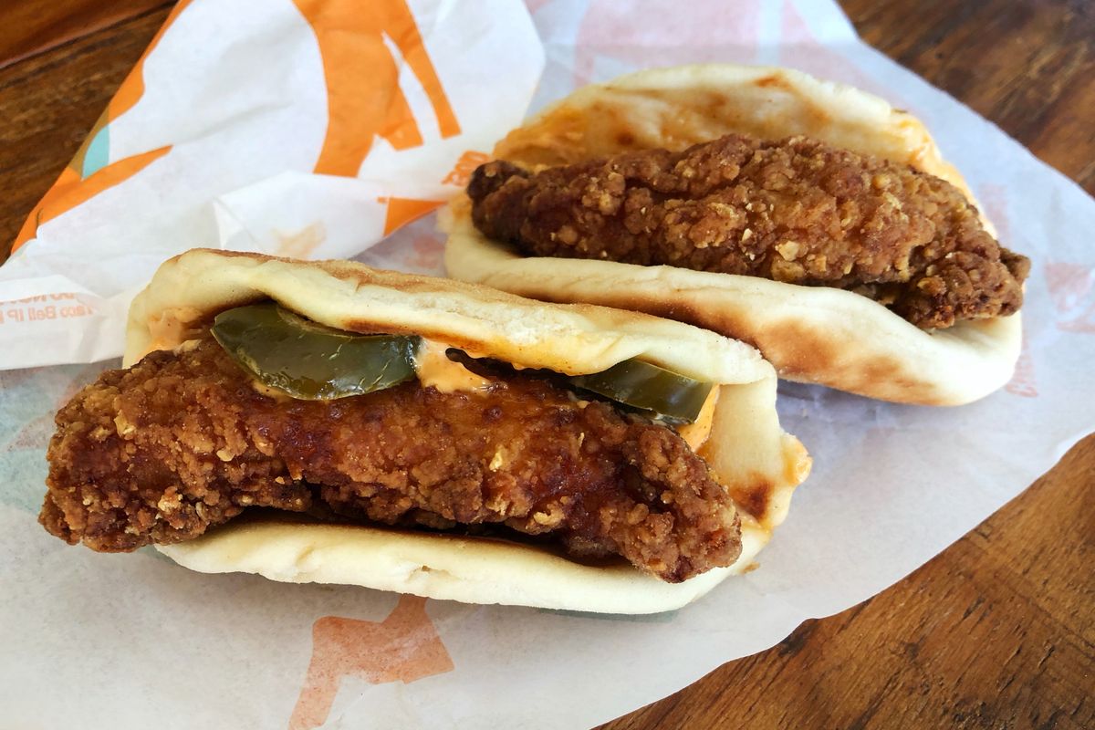 Taco Bell’s new chicken sandwich taco has many favorable things going for it such as its pillowy bread.  (Emily Heil/Washington Post)