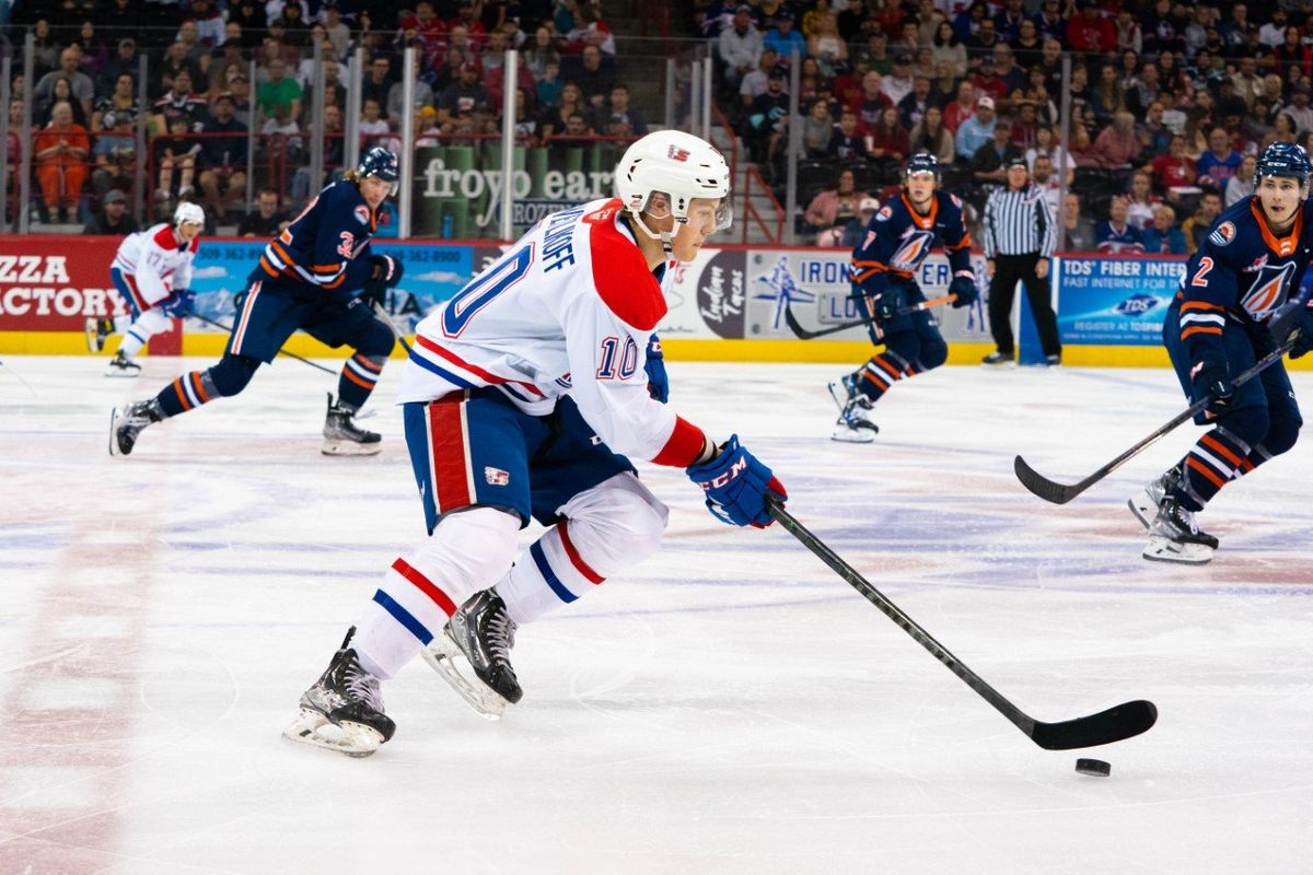 Spokane Chiefs' Blake Swetlikoff skates with the puck against the Kamloops Blazers on Saturday, Oct. 1, 2022 at the Spokane Arena.  (Courtesy Larry Brunt/Spokane Chiefs)