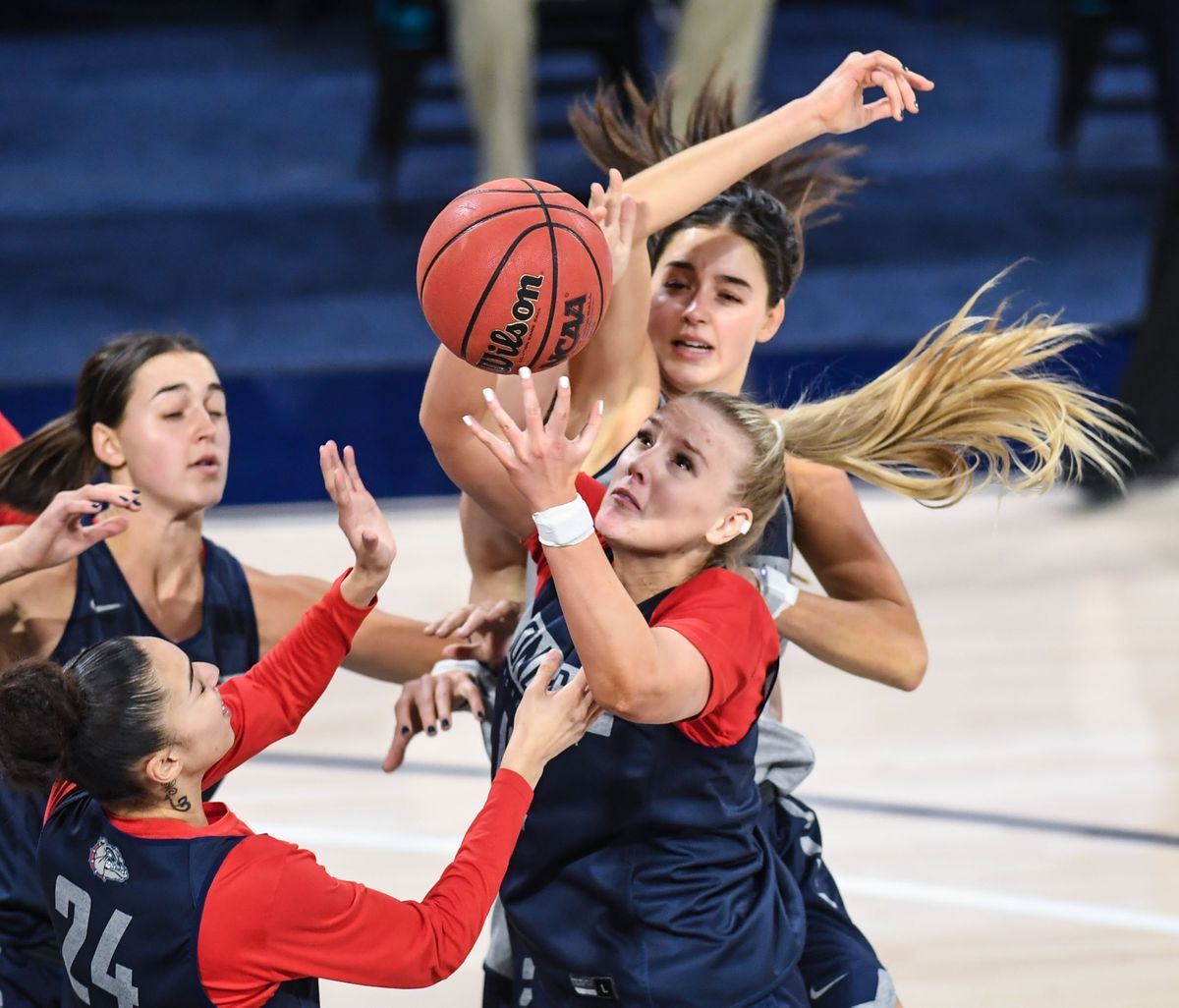 Gonzaga forward Eliza Hollingsworth controls a rebound during Fan Fest, Tuesday, Nov. 10 2020, in the McCarthey Athletic Center.  (Dan Pelle/THESPOKESMAN-REVIEW)