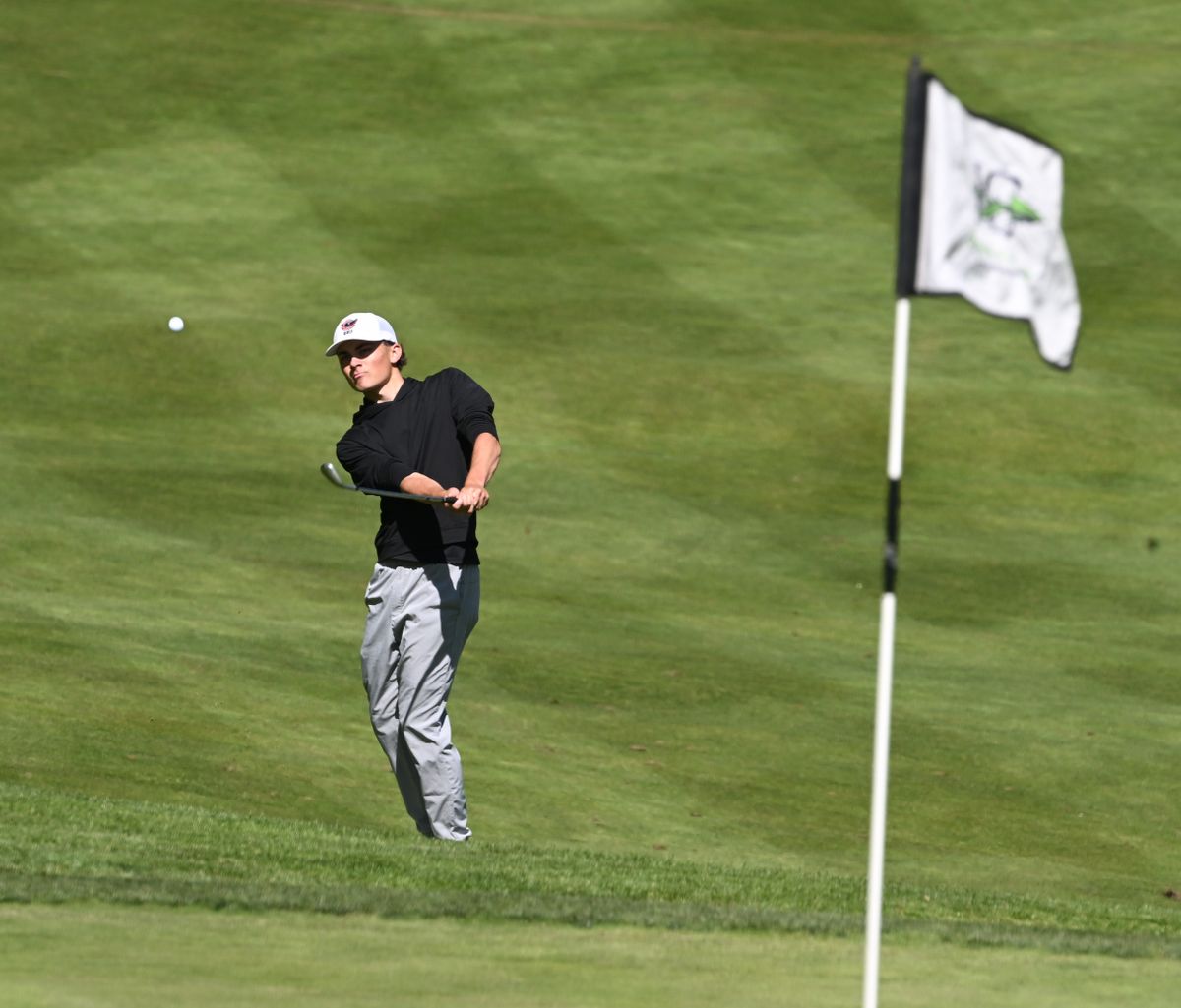 Ryan Howe of Cheney snaps an approach shot on the 9th hole at Indian Canyon Golf Course Tuesday, May 19, 2026 at the 3A Boys State Golf Championships.  (Jesse Tinsley/THE SPOKESMAN-REVI)