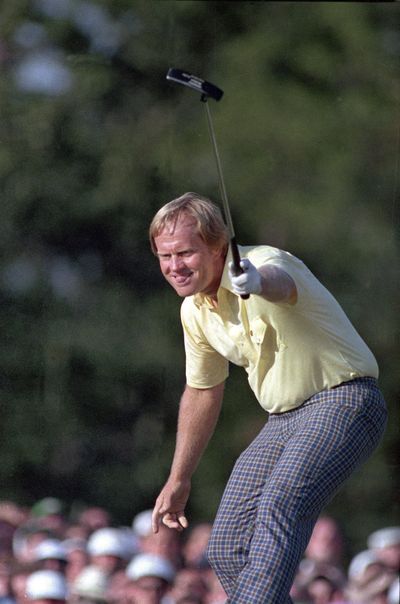 In this Sunday, April 13, 1986, file photo, Jack Nicklaus watches his shot go for a birdie on the 17th at the Masters golf tournament in Augusta, Ga. (Joe Benton / Associated Press)