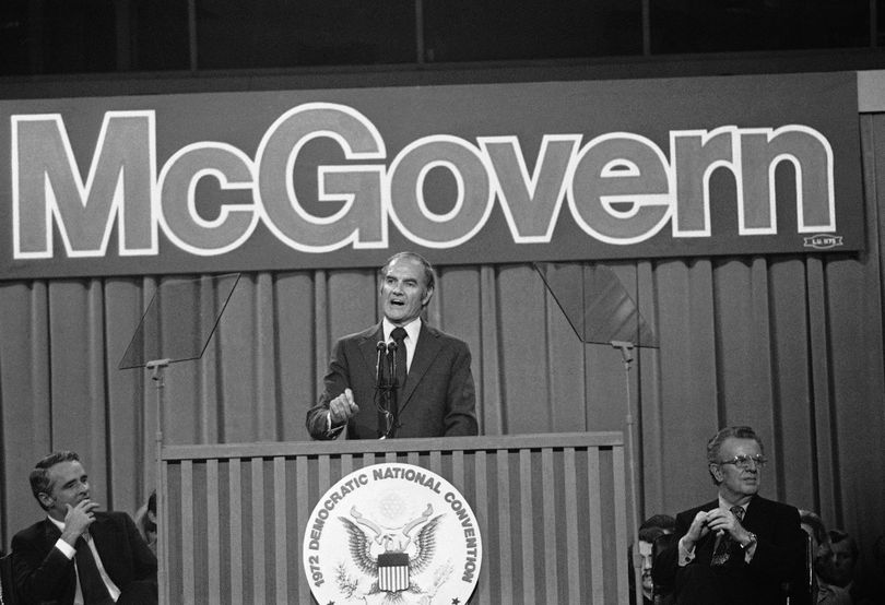 FILE - In this July 14, 1972 file photo, Sen. George S. McGovern makes his acceptance speech at the Democratic National Convention in Miami Beach. At left is his running mate, Sen. Thomas F. Eagleton of Missouri, and at right, convention chairman Lawrence F. O'Brien.  A family spokesman says, McGovern, the Democrat who lost to President Richard Nixon in 1972 in a historic landslide, has died at the age of 90. According to the spokesman,  McGovern died Sunday, Oct. 21, 2012 at a hospice in Sioux Falls, surrounded by family and friends. (Associated Press)