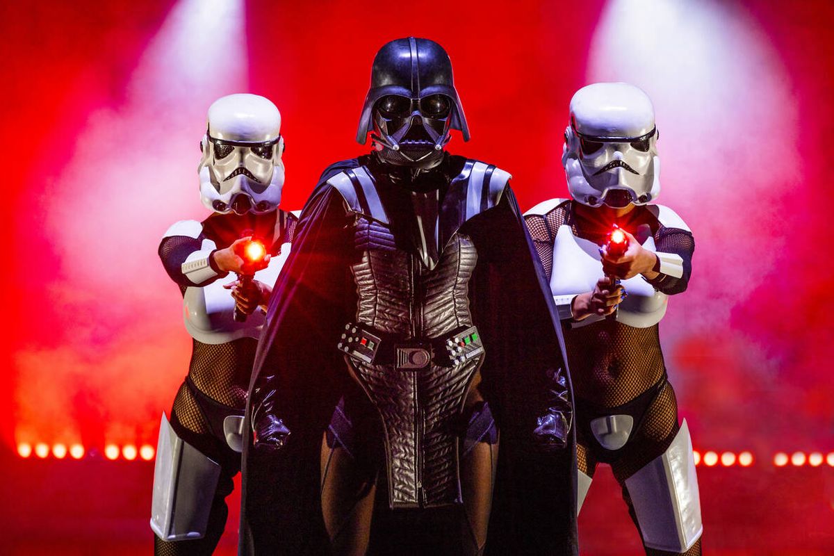 Vader and Stormtroopers from the burlesque Star Wars spoof "The Empire Strips Back" pose at the former Chippendales Theater at the Rio on April 24 in Las Vegas. (L.E. Baskow/Las Vegas Review-Journal)