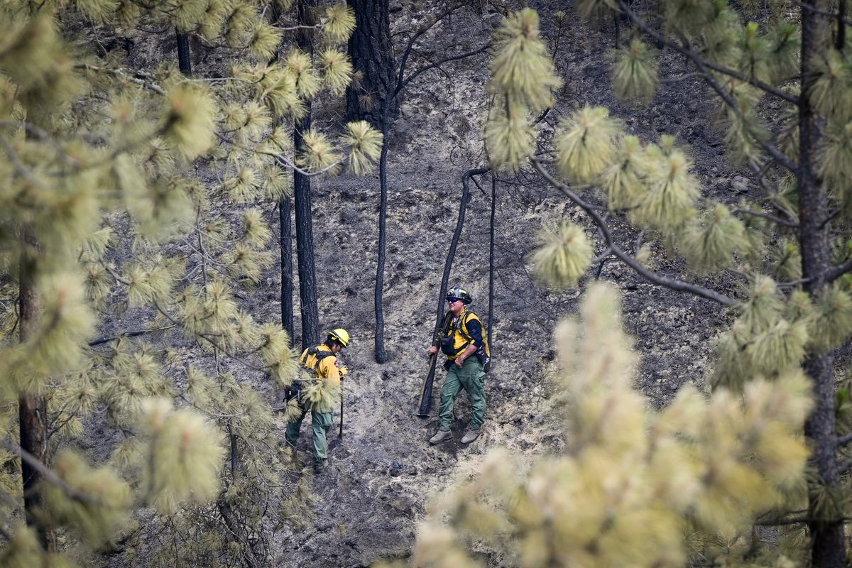 Crews work to put out hot spots from the Upriver fire below Scenic Lane on Wednesday, Jun 17, 2026, in Spokane, Wash.  (Tyler Tjomsland/The Spokesman-Review)