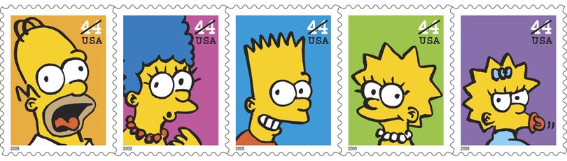 ORG XMIT: WX102 FILE - This undated file photo provided by the U.S. Postal Service shows the five 44-cent postage stamps featuring The Simpsons portraying from left, Homer, Marge, Bart, Lisa and Maggie. The price of a first-class stamp will climb to 44-cents, though folks who planned ahead and stocked up on Forever stamps will still be paying the lower rate. (AP Photo/USPS, File) (The Spokesman-Review)