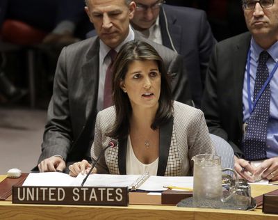 Former  U.S. Ambassador to the United Nations Nikki Haley speaks during a security council meeting in November 2018. (Seth Wenig / AP)