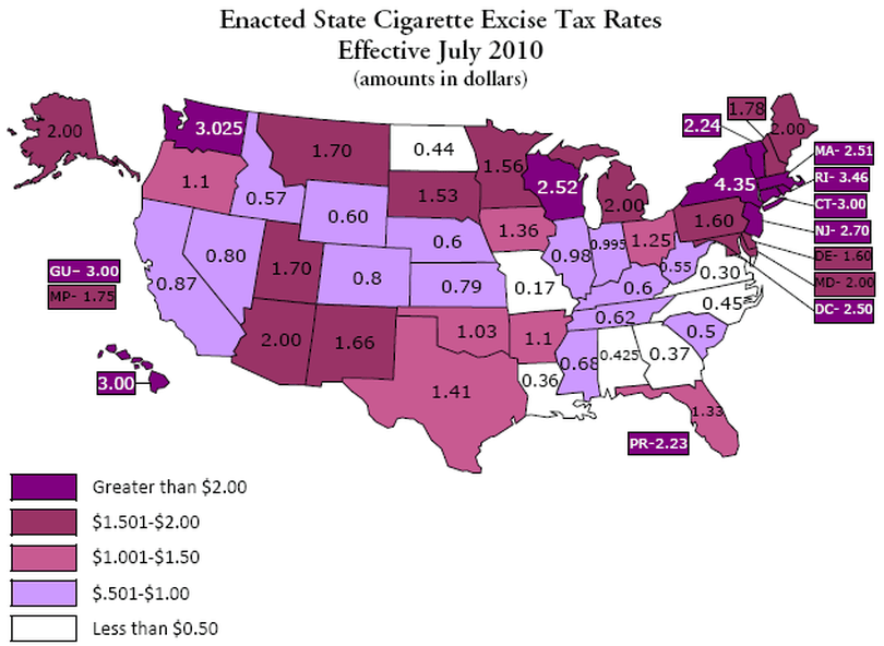 Map of cigarette taxes, compiled by the National Conference of State Legislatures, July 1, 2010, for Spin Control July 7, 2010