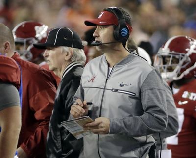FILE - In this Jan. 9, 2017 file photo, Alabama offensive coordinator Steve Sarkisian stands on the sidelines during the second half of the NCAA college football playoff championship game against Clemson in Tampa, Fla. The Atlanta Falcons have hired Sarkisian as their new offensive coordinator. The move was announced Tuesday, Feb. 7 less than 24 hours after Kyle Shanahan left to become head coach of SF 49ers.  (AP Photo/David J. Phillip, File) ORG XMIT: NYCD207 (David J. Phillip / AP)
