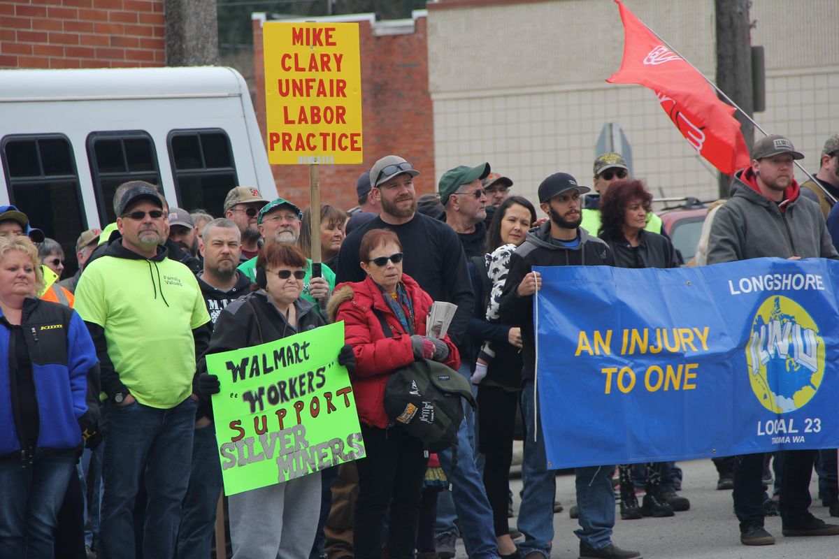 The crowd at a Steelworkers rally marched from downtown Mullan to the picket line at the Lucky Friday Mine, chanting "Fair Contract. Now." The rally marked the strike at the underground silver mine, which has lasted more than a year. (Becky Kramer / The Spokesman-Review)