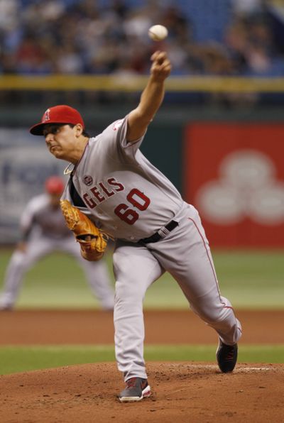 Angels starting pitcher Jason Vargas struck out seven while allowing two hits over seven scoreless innings. (Associated Press)