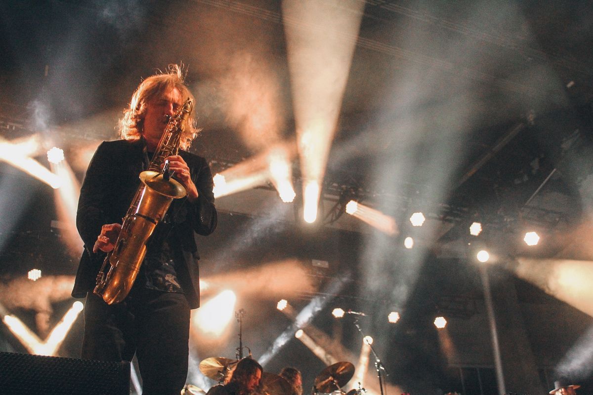 My Morning Jacket’s Carl Broemel plays the saxophone during their third song at Pavilion at Riverfront on Wednesday, Sept. 29, 2021.  (Jordan Tolley-Turner/The Spokesman Review)