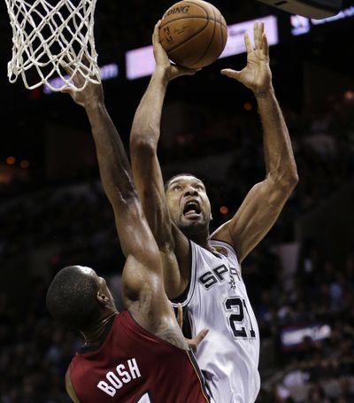 The Spurs’ Tim Duncan shot 9 for 10 from the floor during Game 1. (Associated Press)