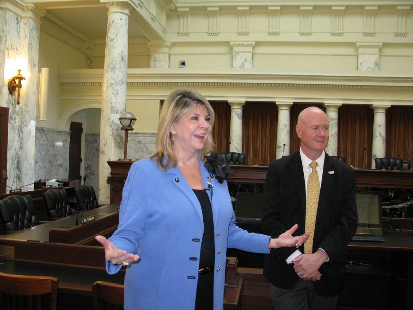 Sharon Day, co-chair of the Republican National Committee, talks with reporters at the state Capitol in Boise on Tuesday; at right is Idaho GOP Chairman Steve Yates. (Betsy Z. Russell)