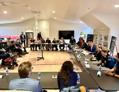 A panel of first responders and opioid use experts met with Gov. Jay Inslee to discuss the statewide fentanyl epidemic at the newly-opened Evergreen Recovery Center in Everett, Washington on Monday, Dec. 4, 2023.  (Ellen Dennis / The Spokesman-Review)
