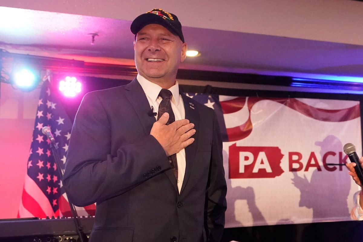 FILE - State Sen. Doug Mastriano, R-Franklin, a Republican candidate for governor of Pennsylvania, takes part in a primary night election gathering in Chambersburg, Pa., Tuesday, May 17, 2022.  (Carolyn Kaster)