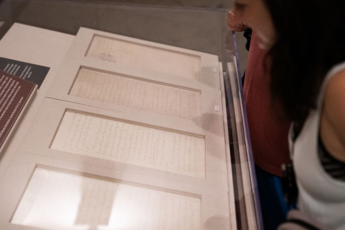 The Emancipation Proclamation is displayed at the National Archives in Washington on Saturday.    (Minh Connors/The Washington Post)