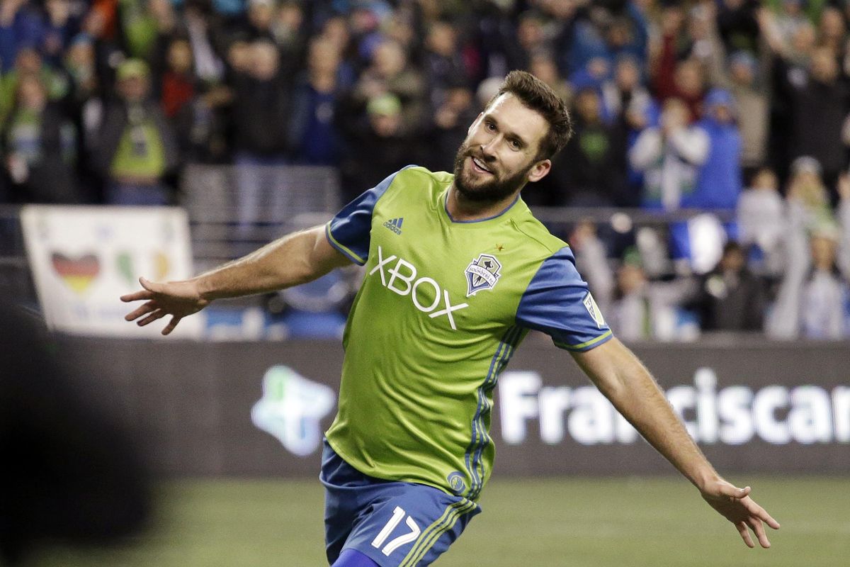 In this Nov. 30, 2017 file photo, Seattle Sounders’ Will Bruin smiles after scoring against the Houston Dynamo during the second half of the second leg of the MLS soccer Western Conference final in Seattle. (Elaine Thompson / Associated Press)
