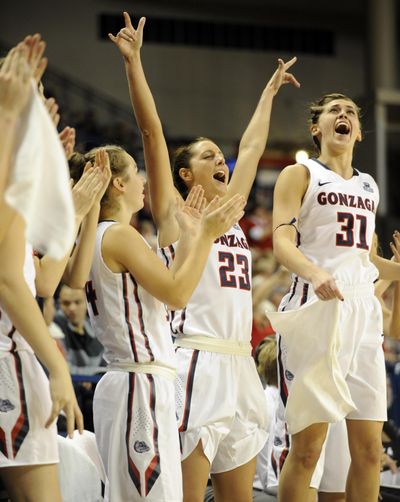 Gonzaga University's Emma Stach, Kiara Kudron (23) and Elle Tinkle,(31) right, cheer as their team continuesruns away from the University of California Irvine Anteaters on Nov. 13 at the McCarthey Athletic Center. The Zags beat No. 11 Stanford last Friday and are now ranked No. 25 in the latest AP poll. (Jesse Tinsley / The Spokesman-Review)