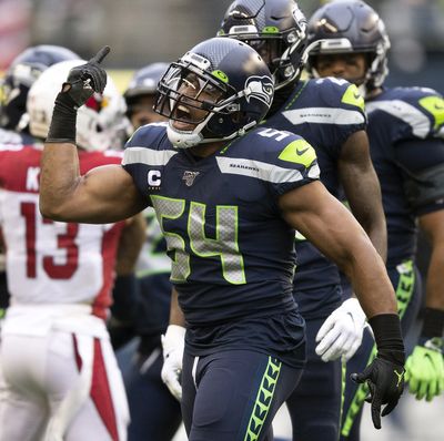 Seahawks middle linebacker Bobby Wagner celebrates after tackling Arizona wide receiver Pharoh Cooper on Dec. 22, 2019, in Seattle.  (Tribune News Service)
