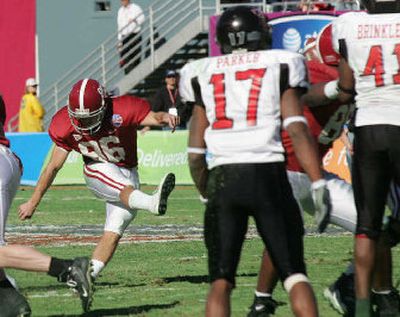 
Alabama kicker Jamie Christensen hits a 45-yard field goal against Texas Tech in the fourth quarter to win the Cotton Bowl. 
 (Associated Press / The Spokesman-Review)