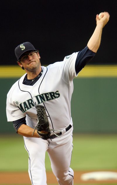 M’s Ryan Rowland-Smith pitched seven strong innings but received no support.  (Associated Press / The Spokesman-Review)