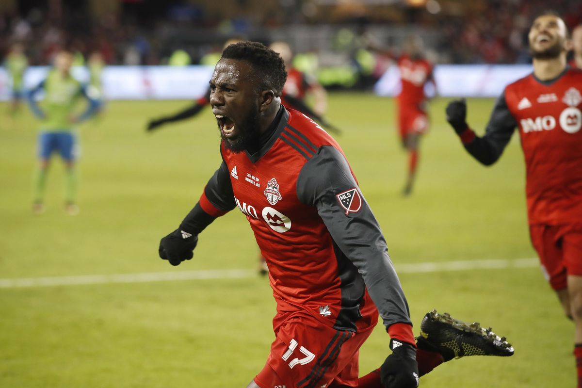 Toronto FC forward Jozy Altidore (17) celebrates his goal against the Seattle Sounders during-half MLS Cup final soccer action in Toronto, Saturday, Dec. 9, 2017. (Mark Blinch / Canadian Press via AP)