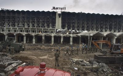 Army troops conduct a rescue operation Sunday at the site of Saturday’s massive truck bombing at the Marriott hotel in Islamabad, Pakistan.  (Associated Press / The Spokesman-Review)