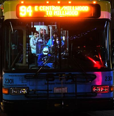 Passengers on the 94 bus wait to depart the STA Plaza in downtown Spokane, Wed. Oct. 5, 2016. (Colin Mulvany / The Spokesman-Review)