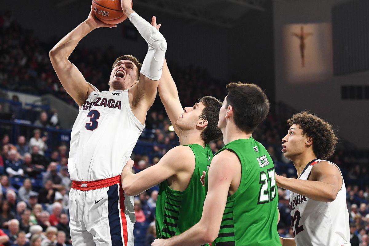 Gonzaga Bulldogs forward Filip Petrusev (3) shoots against North Dakota during the second half of a college basketball game on Tuesday, November 12, 2019, at McCarthy Athletic Center in Spokane, Wash. Gonzaga won the game 97-66. (Tyler Tjomsland / The Spokesman-Review)