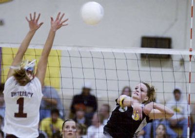 
Stacy Andersen of Shadle Park hits over University High's Kara Crisp during Shadle's 3-1 win in Tuesday's Greater Spokane League volleyball play. 
 (Kathryn Stevens / The Spokesman-Review)