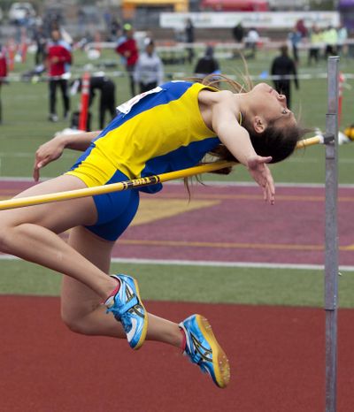 Mead’s Amanda Chan attempts to clear the bar at 5’8” during the girls high jump finals at the State 4A track and field championships on Saturday, May 28, 2016, in Tacoma, Wash. Chan didn’t clear the height but won the event with a jump of 5’6”. (Patrick Hagerty / Special to The Spokesman-Review)