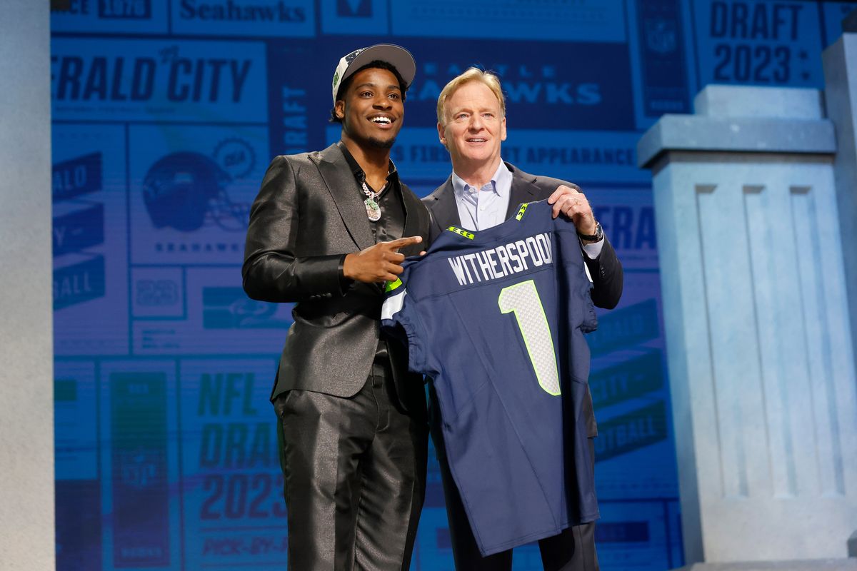 Seattle Seahawks first-round draft pick Devon Witherspoon poses with NFL commissioner Roger Goodell at Union Station on Thursday in Kansas City, Mo.  (Getty Images)