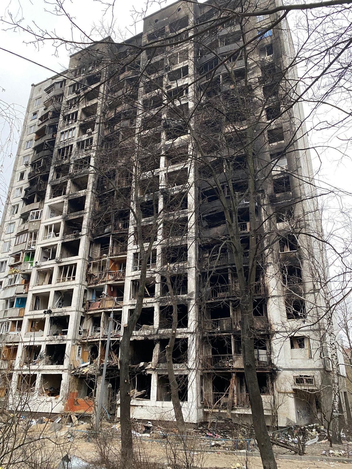 A destroyed apartment building in Kyiv, Ukraine as seen on March 26, 2022.  (Courtesy of Jared Malone)