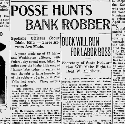 Seventeen men hiking near Hauser Lake found three suspects they believe had knowledge of a Post Falls bank robbery a week earlier, according to the Spokane Daily Chronicle on April 26, 1921.  (S-R archives)