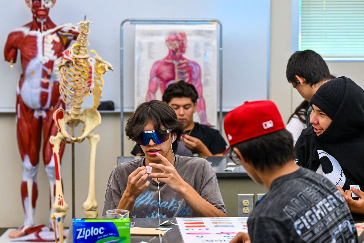 Ethan Simpson, left, along with Eric Sharpback, far right, stick their fingers with a needle during a human health analysis class as part of Spokane Falls Community College’s STEM program with the Spokane Tribe of Indians Education on Wednesday. Students took samples of their blood and identified their type.  (DAN PELLE/THE SPOKESMAN-REVIEW)