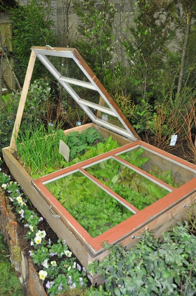 A cold frame like this one at the recent Portland Yard, Garden and Patio Show provides an easy way to capture the sun’s warmth and protect plants from frost.