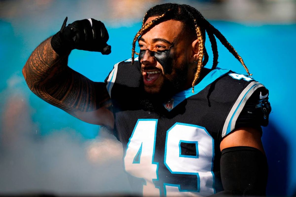 Carolina Panthers linebacker Frankie Luvu takes the field during a game against the Pittsburgh Steelers at Bank of America Stadium in Charlotte, N.C., Sunday, Dec. 18, 2022.  (Tribune News Service)