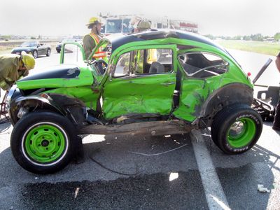Firefighters extricated the 16-year-old driver from this Volkswagen Beetle Tuesday. Photo courtesy of Spokane Valley Fire Department (Photo courtesy of Spokane Valley Fire Department / The Spokesman-Review)