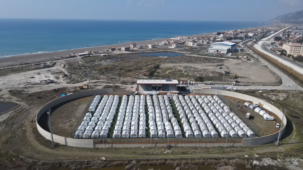 Turkey Disaster and Management Authority (AFAD) has set up tents at Samandag Stadium in Hatay, south Turkey, on Feb. 13, 2023. (Serdar Ozsoy/Depo Photos via Zuma Press Wire/TNS)  (Serdar Ozsoy/Depo Photos via ZUMA Press Wire/TNS)