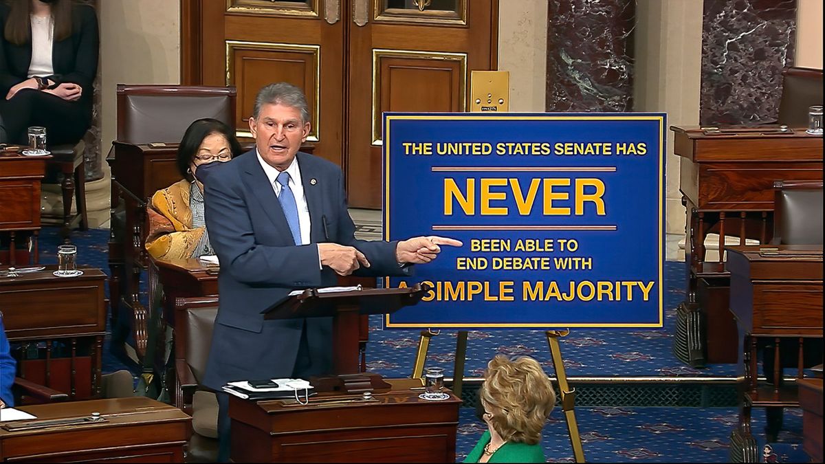 In this image from Senate Television, Sen. Joe Manchin, D-W.Va., speaks on the floor of the U.S. Senate Wednesday, Jan. 19, 2022, at the U.S. Capitol in Washington.  (HOGP)