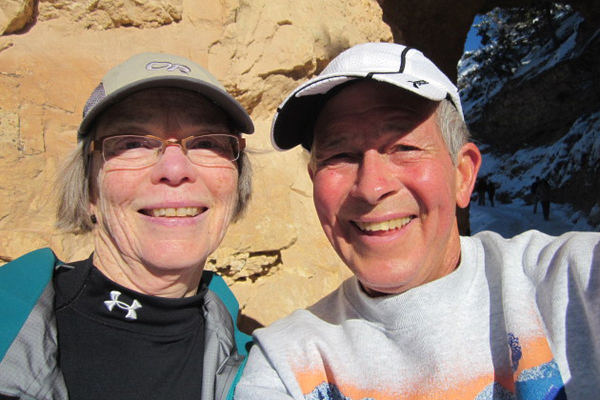 Mary Kay and Dawes Eddy pause for a photo on the Bright Angel Trail below the South Rim in Grand Canyon National Park.