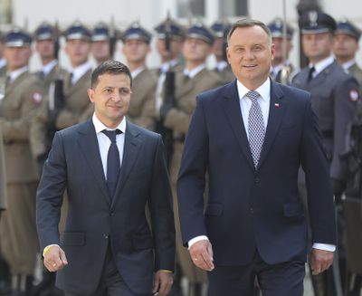 Poland’s President Andrzej Duda, right, welcomes Ukraine’s President Volodymyr Zelenskiy before talks on bilateral relations and Ukraine’s ties with Europe under the new government, in front of the Presidential Palace in Warsaw, Poland, Saturday, Aug. 31, 2019. (Czarek Sokolowski / Associated Press)