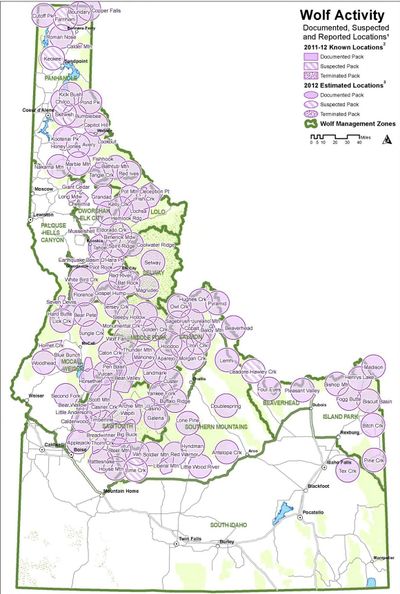 Idaho wolf packs documented at the end of 2012 by Idaho Fish and Game Department monitoring efforts. (Idaho Department of Fish and Game)