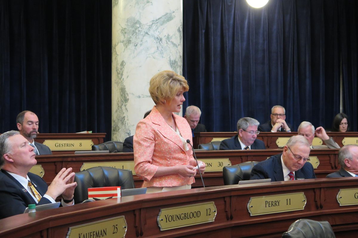 A tearful Rep. Christy Perry, R-Nampa, pleads with the House not to send the governor’s Idaho Health Care Plan bill back to committee without a vote, on Wednesday, March 21, 2018. (Betsy Z. Russell / The Spokesman-Review)