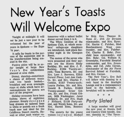 Spokane residents were offering a special toast on New Year’s Eve in 1974 – a toast “to the success of Expo ’74,” the Spokane Daily Chronicle reported on Dec. 31, 1973.  (Spokesman-Review archives)