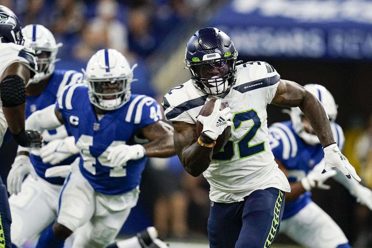 Seattle Seahawks running back Chris Carson runs against the Indianapolis Colts in the first half of an NFL football game in Indianapolis last Sunday.  (Charlie Neibergall)