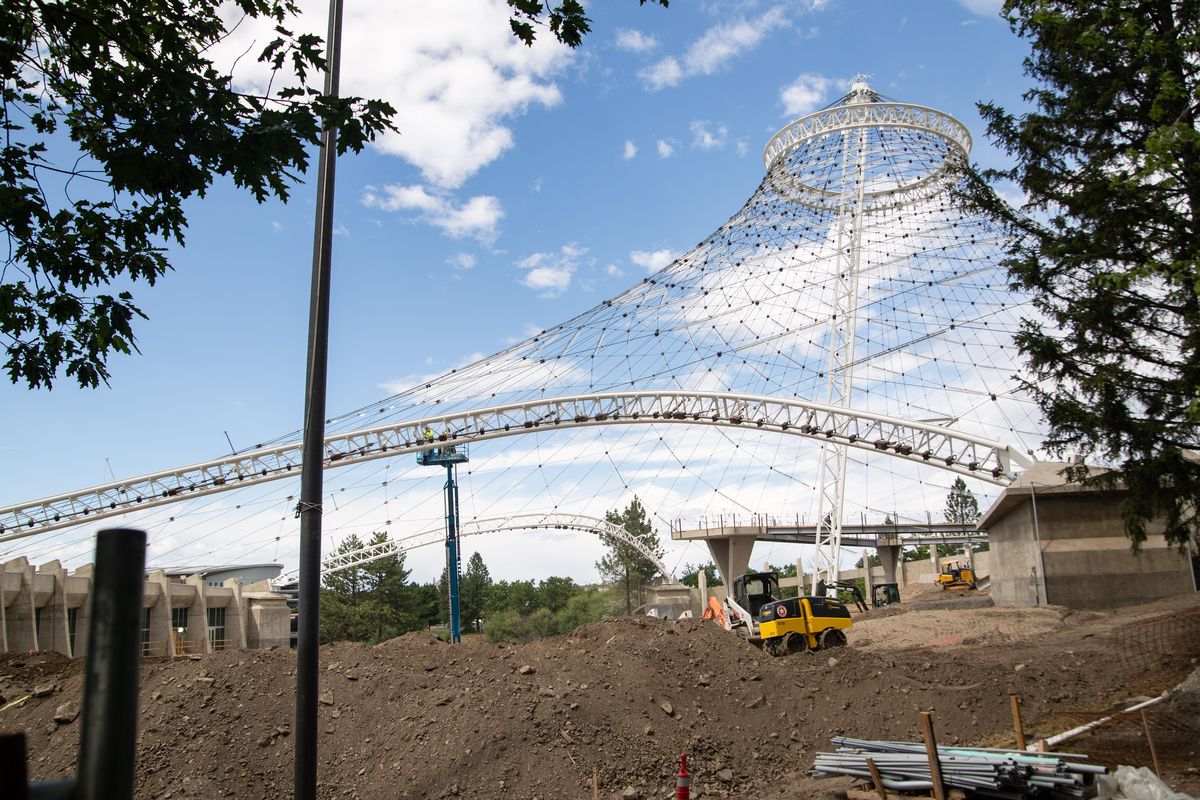 Crews are at work on the renovation of the U.S. Pavilion  in Spokane’s Riverfront Park in this June 19, 2019, photo. The space is scheduled to open with a ribbon-cutting Sept. 6 with music to follow, including the inaugural performance of Spokane Symphony Music Director James Lowe. (Libby Kamrowski / The Spokesman-Review)